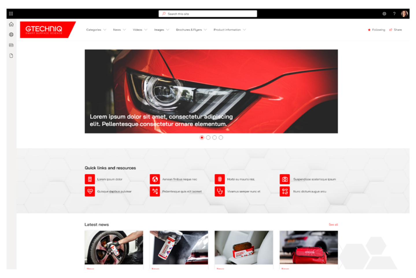 A screenshot of the Gtechniq marketing resources portal built on SharePoint, showing marketing assets organised into categories with thumbnail previews that distributors can browse and download.