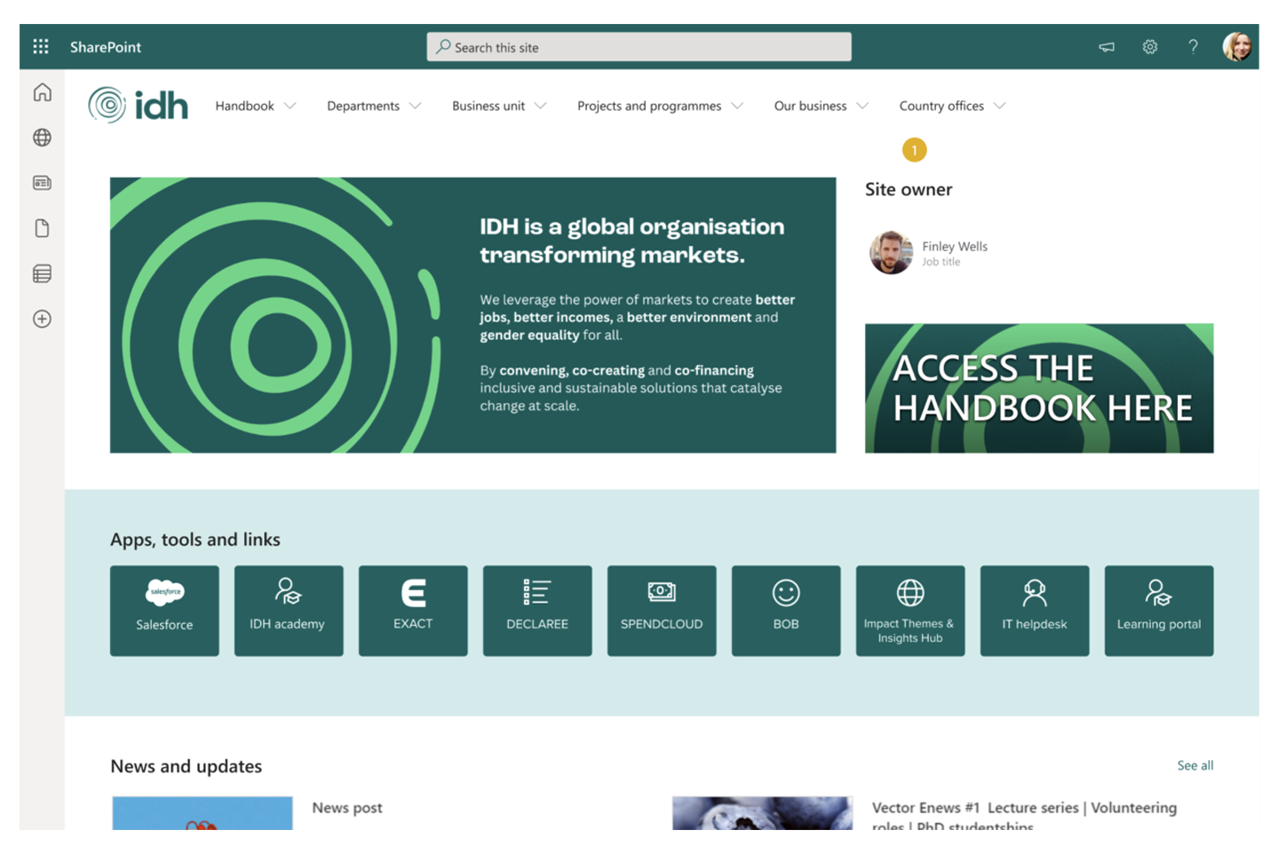 IDH's SharePoint intranet homepage showing audience-targeted navigation and the custom search experience with enhanced filters.